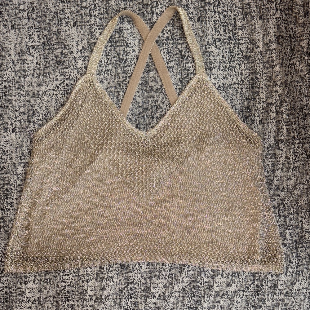 House of Harlow Sparkling Gold Mesh Crop Top Sz Medium